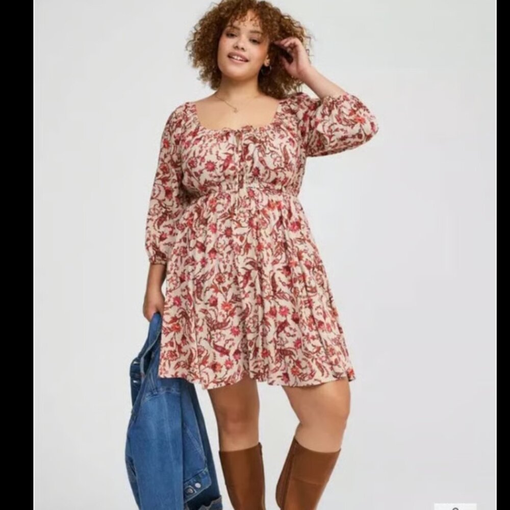 Torrid Mini 3/4 Sleeve Tie Front Babydoll Dress Paisley Dream Chateau Grey NWT